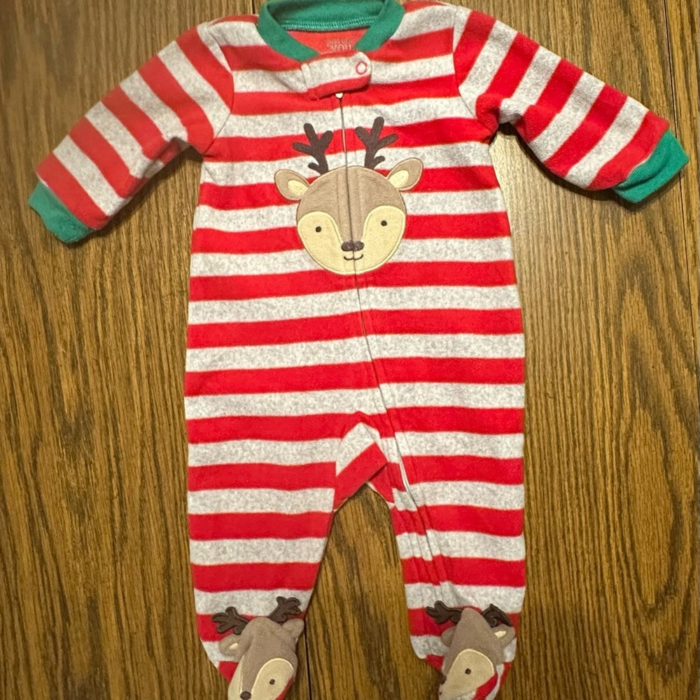 Christmas Striped Red and Gray Reindeer Kids One Piece, 3 Months